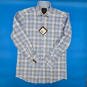 Tattersall London Mens Dress Shirt 15.5 34/35 Blue Plaid Cotton Convertible Cuff